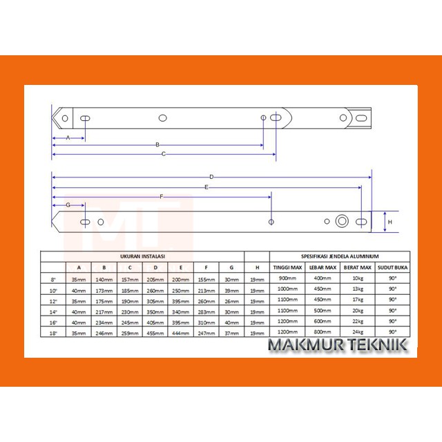 Engsel casement 14 inch, Engsel jendela aluminium