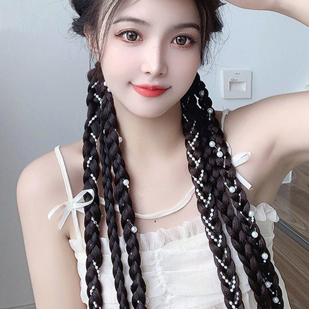 Needway   Wig Kepang Sintetis Streetwear Rambut Lampion Elastis Untuk Anak Perempuan Rambut Gimbal Krean Hair Band