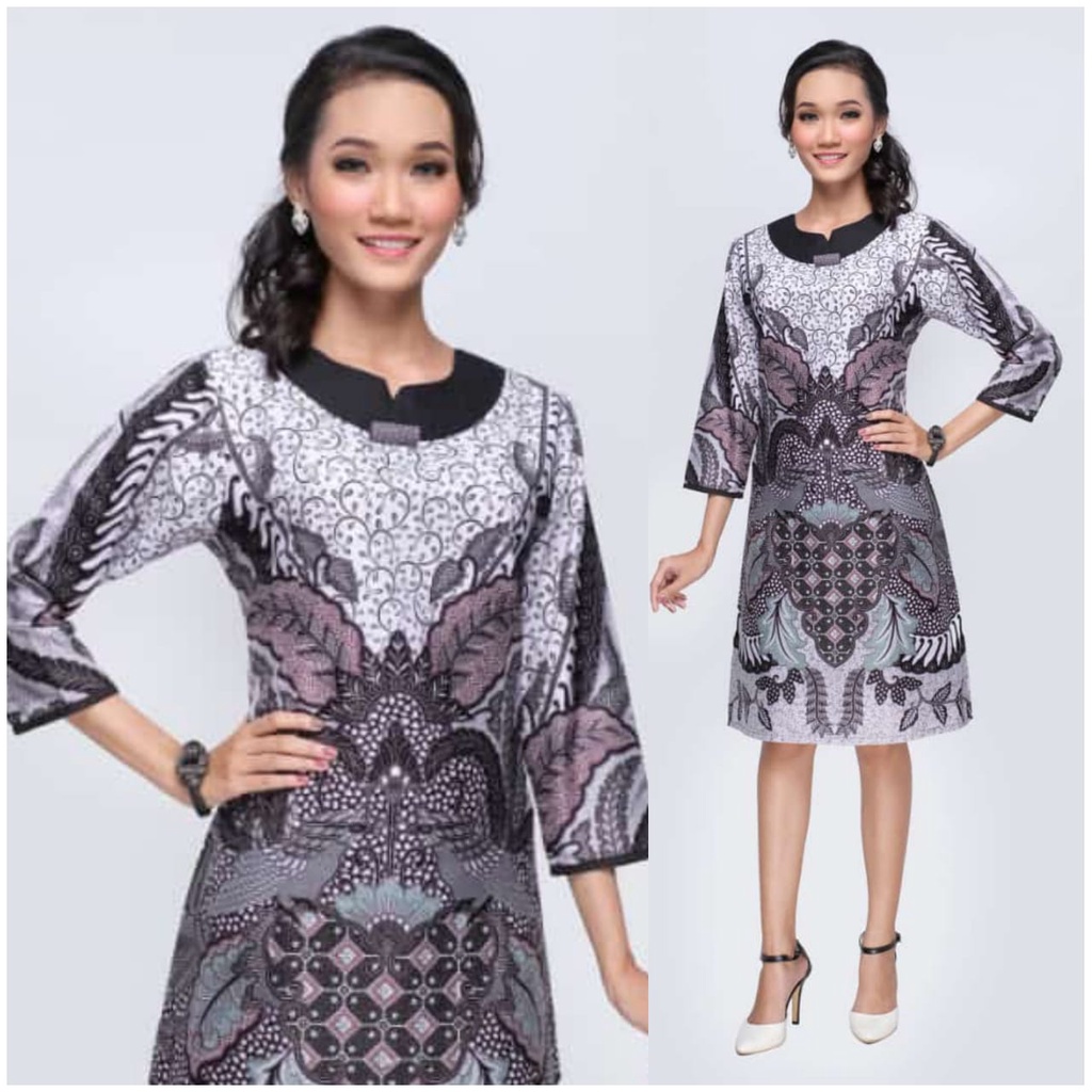 Tunik Kerja Wanita Baju Dress Batik Morina Abu-Abu