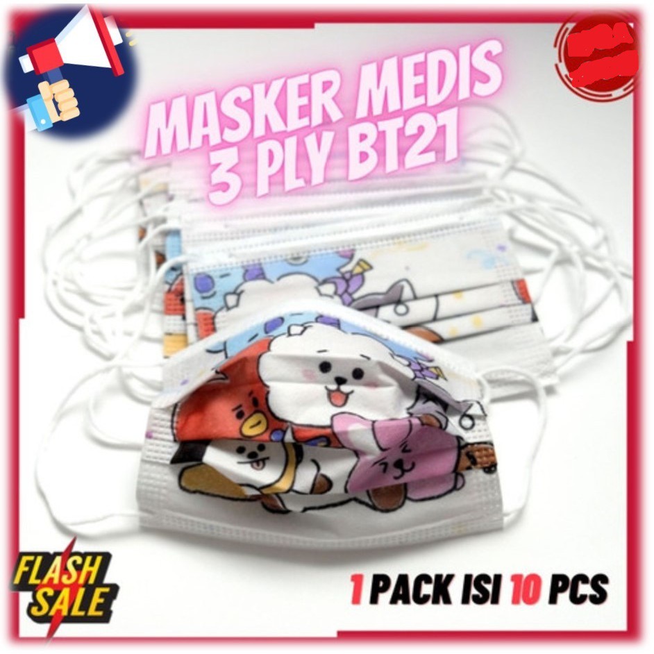 MASKER ANAK 3 PLY KARAKTER BTS BT21 HIJAB / EARLOOP / HEADLOOP MASK 10 PCS