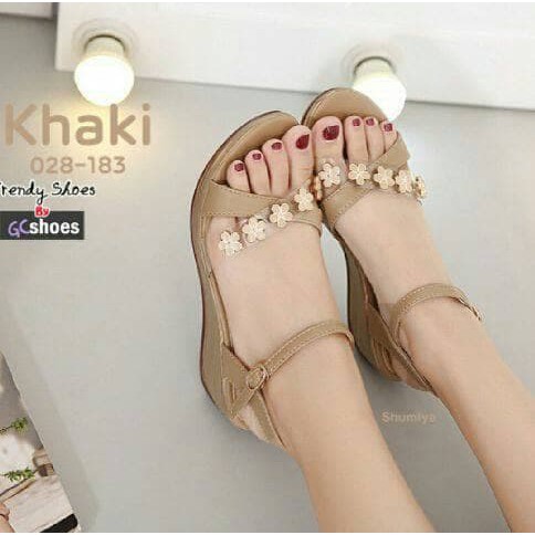 Sandal Wedges Tali Slavina Vianna Best Seller #Th68-12 DS546 Wedges Silang Bunga Moca - Beige, 36