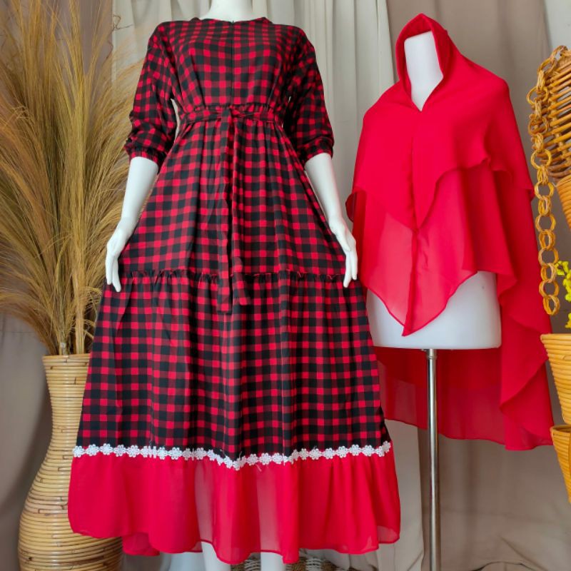 GAMIS SET HIJAB SYAR'I MONALISA MOTIF KOTAK-KOTAK TERBARU MURAH