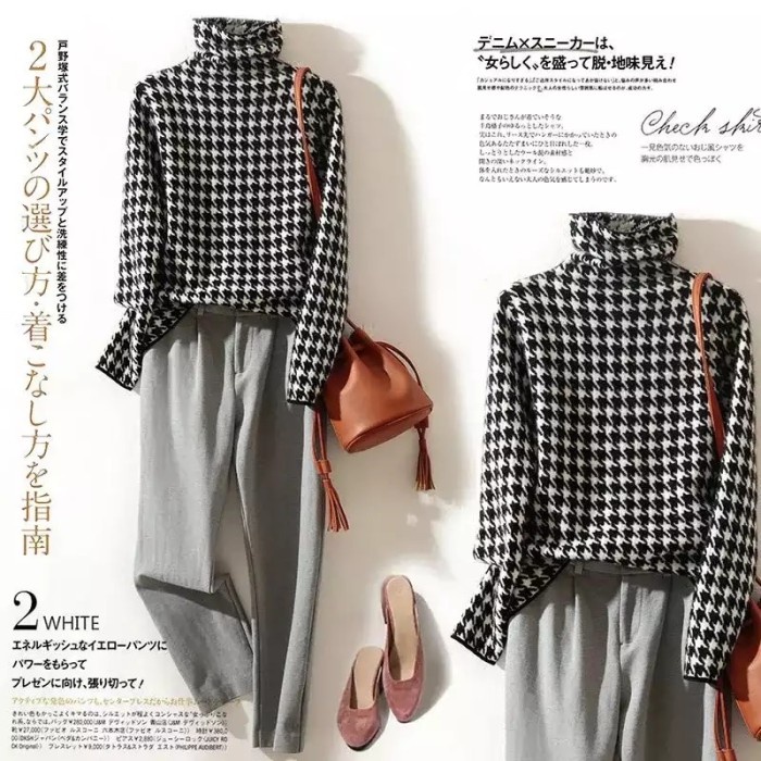 Sweater Turtleneck Houndstooth Wol Rajut