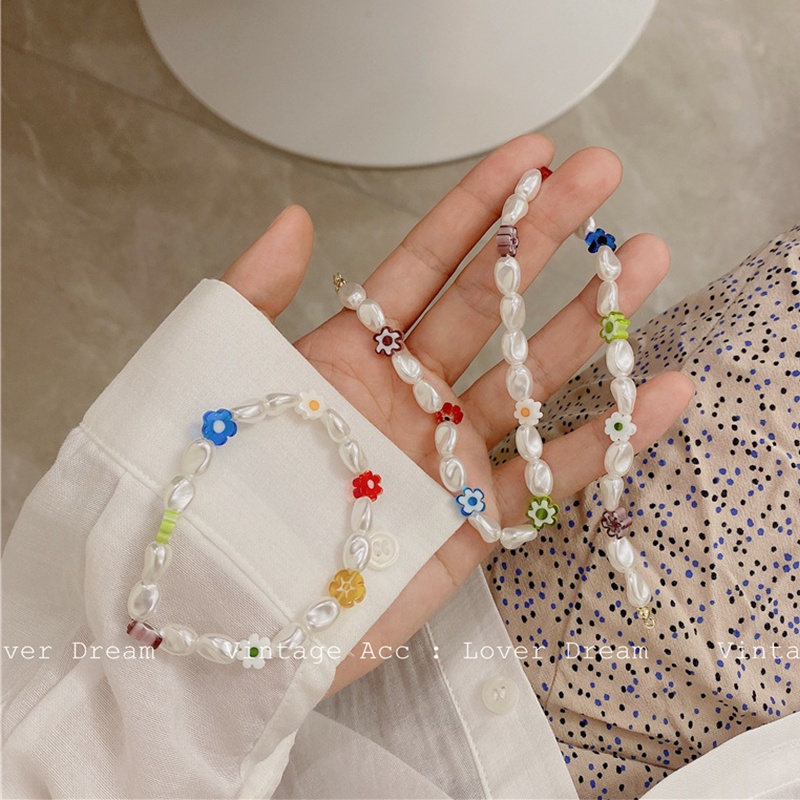 Korea Retro Geometric Flower Bracelet Necklace Pearl Color Flower Necklace