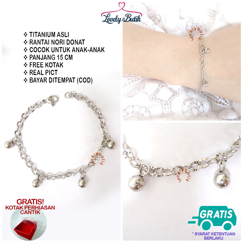 Lovelybutik Gelang Anak Titanium Asli Anti Karat BolA2 Gelang Tangan Anak Rantai Nori donat Ukuran 15 Cm BONUS KOTAK PERHIASAN