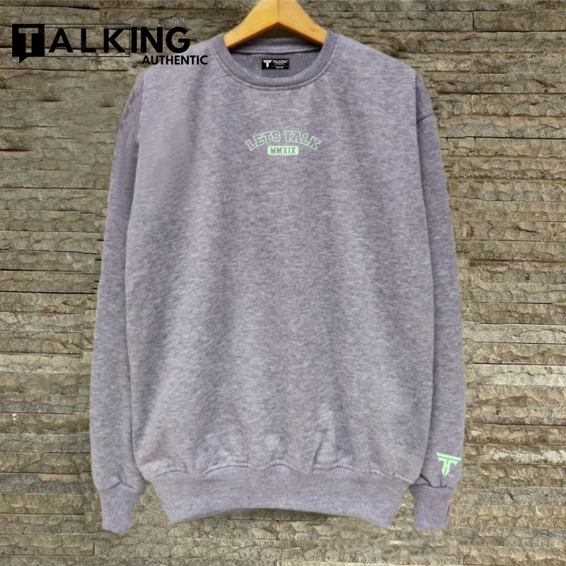 Sweater Crewneck Original Distro TALKING AUTHENTIC Motif LEST TALK Abu Misty Suwiter Murah Terbaru Sweater Sweatshirt Cewe Cowo Unisex Warna Abu Muda Kombinasi Tangan Hoodie Polos Basic Oversize