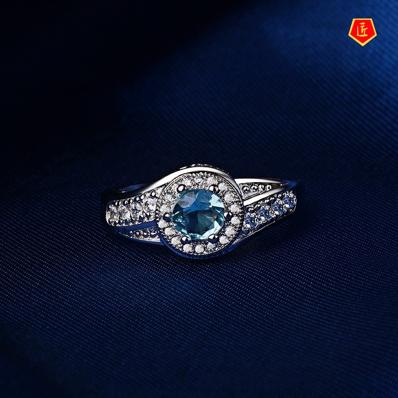 [Ready Stock]925 Silver Ring Full Diamond Spring Shape Inlaid Blue Gem