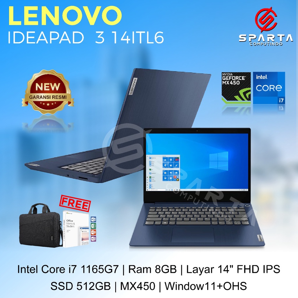 Laptop Lenovo Ideapad 3 14ITL6 i7 Gen 11 8GB 512GB MX450 14&quot; FHD Win11 New Garansi Resmi