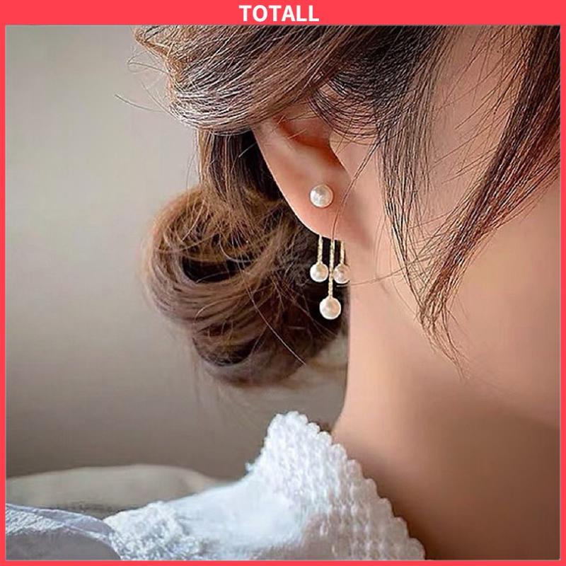 COD Pearl Back Hanging Silver Needle Earrings Temperamen All-Match Anting Wanita Halus-Totall