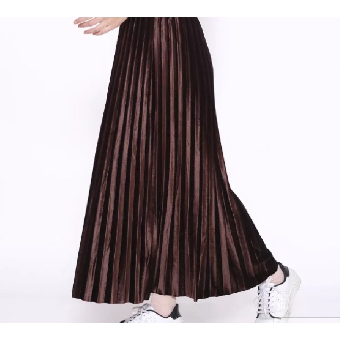 Rok Bludru Velvet Panjang Plisket Premium-Rok Pjng Coklat Tua