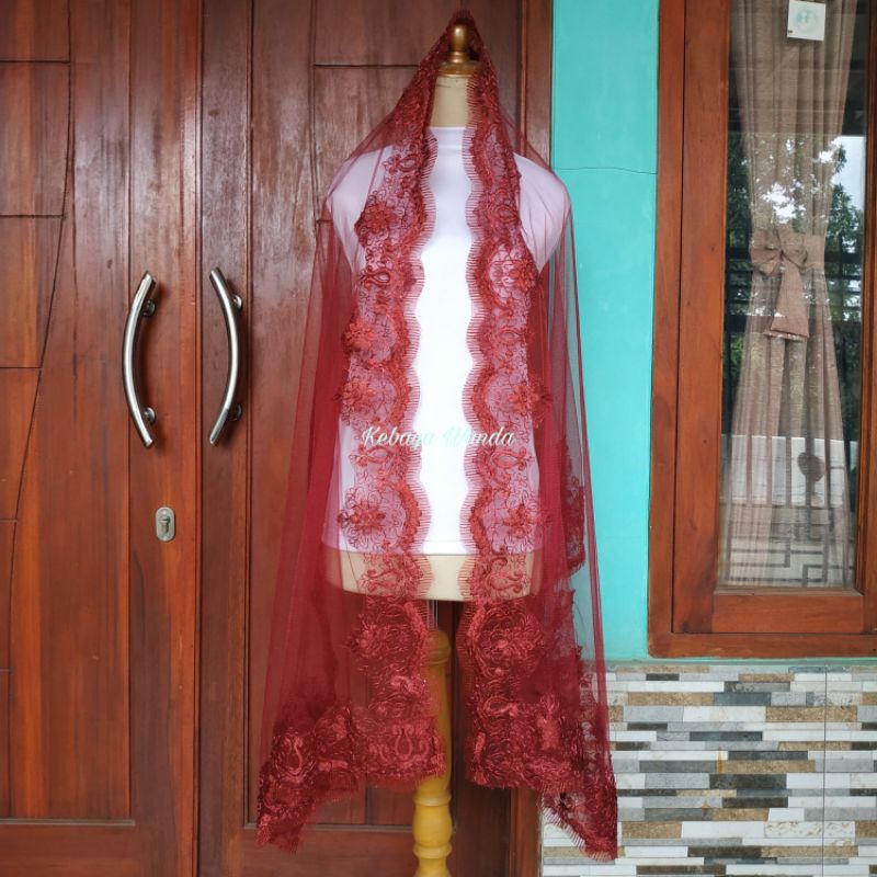 Ready Kerudung Pengantin / Veil Pengantin / Selendang Akad Slayer / Kerudung Akad / Wedding Veil-Merah Maroon