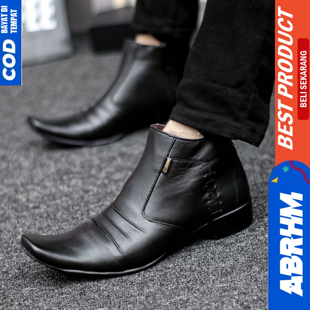 Sepatu Boots Pantofel Kulit Asli Formal Resleting Kerja Hitam Pria Abrhm Badami