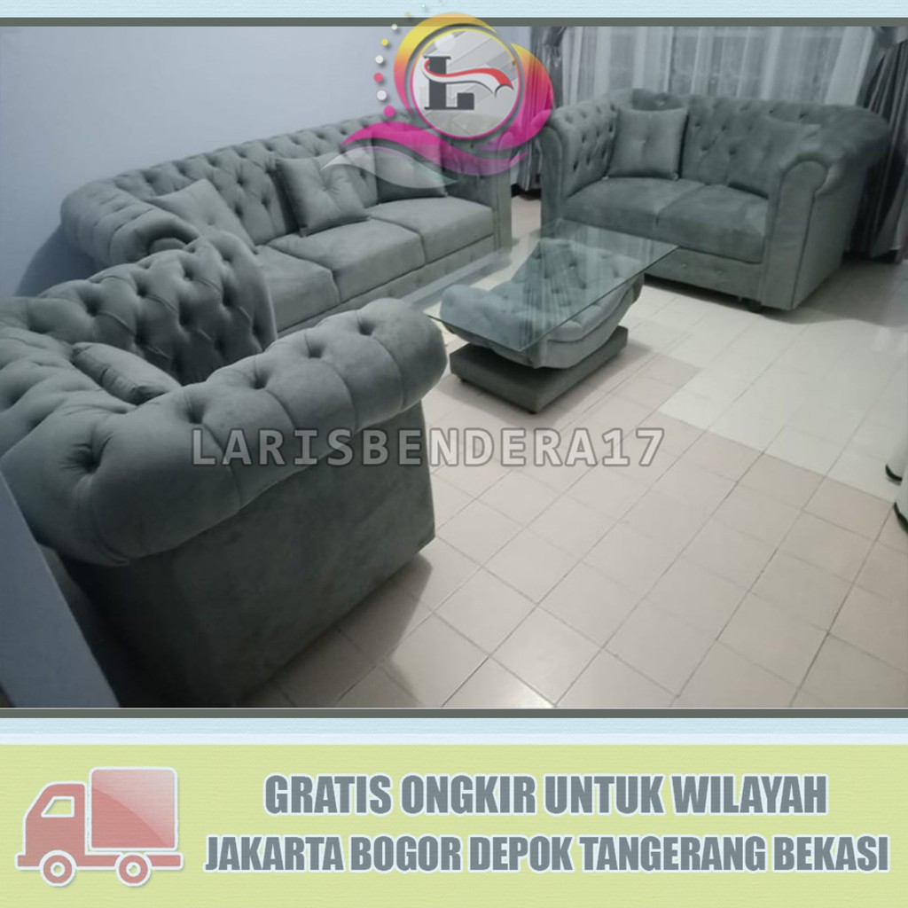 Sofa Jaguar Grey 6 Seater Full Bludru + meja + Bantal  | Abu - Pink | Premium - Mewah  - Untuk Di Ru