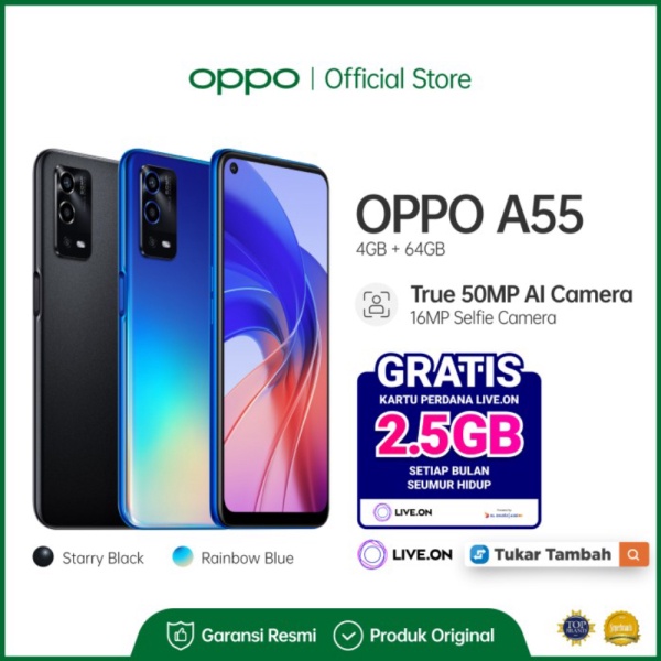 tektokanstore [Tukar Tambah Live.On] OPPO A55 4GB/64GB Smartphone Garansi Resmi - Hitam