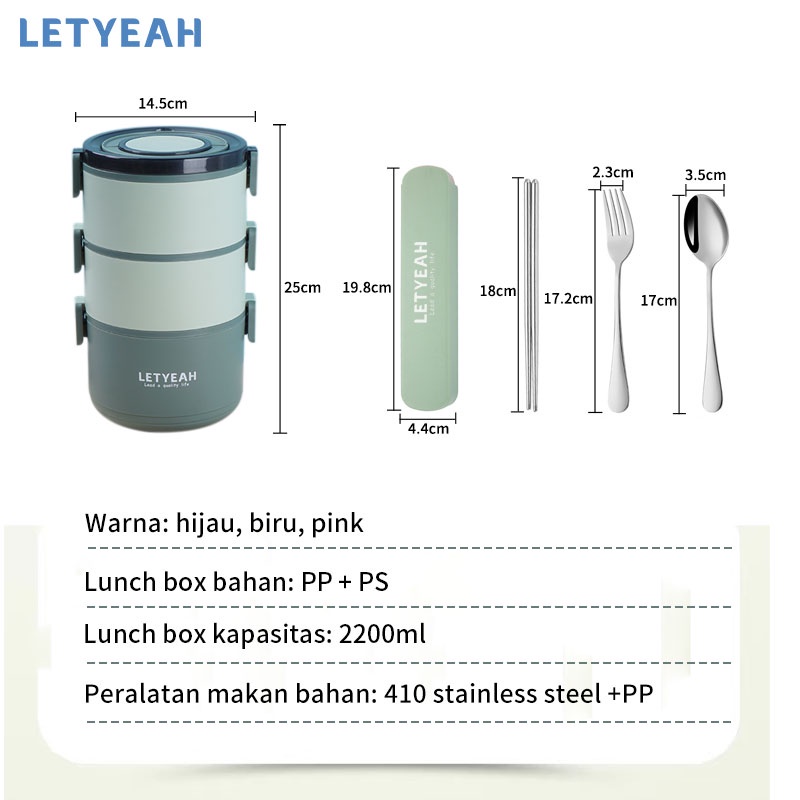 letyeah lunch box set anti tumpah 2200 ml/cutlery set stainless 3 in 1/kotak makan 3 susun kapasitas tinggi