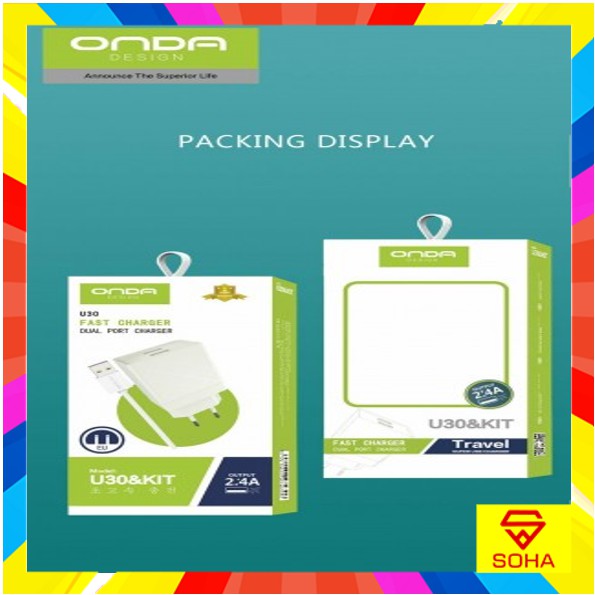 ONDA U30 Charger Set Kabel Type C Dan Adaptor 2.4 Ampere Fast Charging Plus 2 Output Bisa C