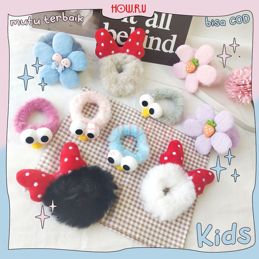 HOW.R.U | Scrunchie Bulu Fluffy Lucu Model Kartun Anak