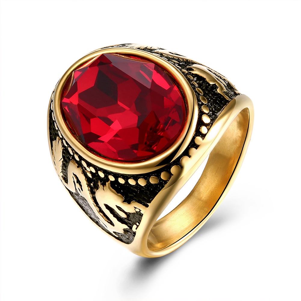 Cincin Emas 18K Desain Naga Glamor Aksen Batu Permata Merah Gaya Punk Untuk Pria