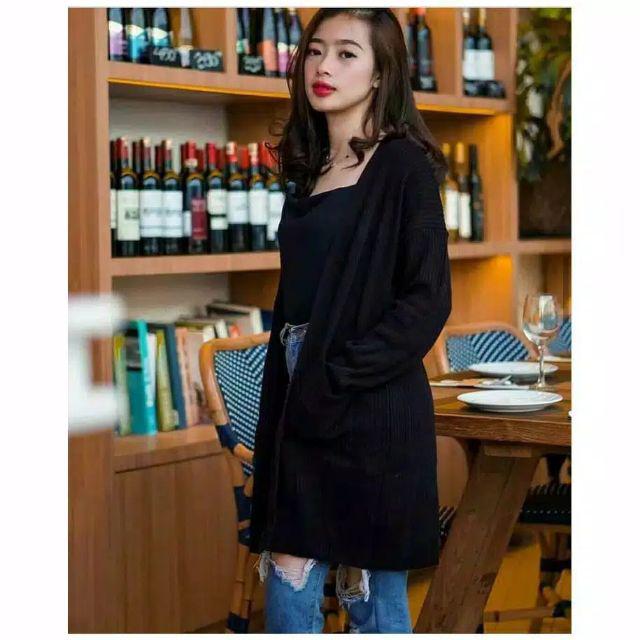 Long cardi BELE OVERSAIS/sweater rajut-Hitam