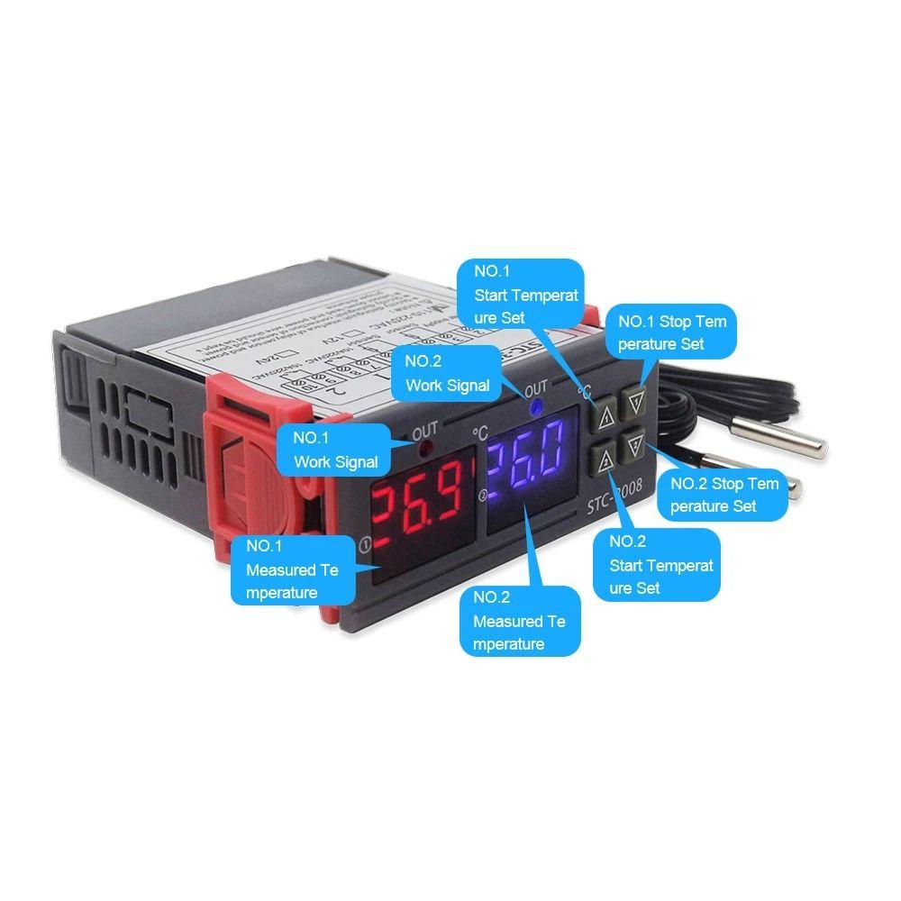 Termostat Pengontrol Suhu Atas 12V Output Dua Relay STC-3008