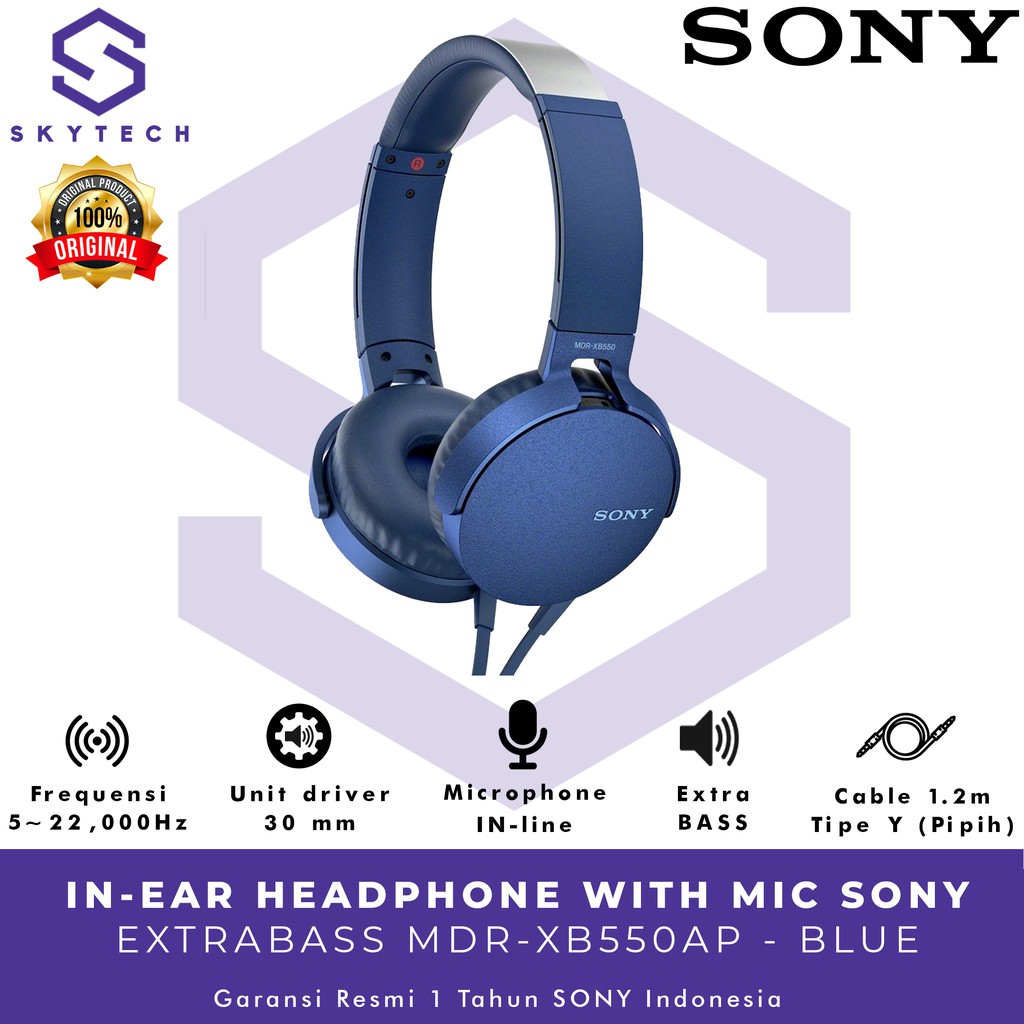 HEADSET SONY MDR XB550AP WITH MIC BLUE ORIGINAL GARANSI RESMI