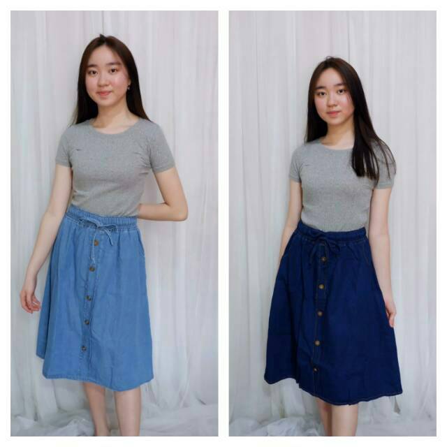 Rok Jeans wanita bahan denim kantong hidup panjang selutut bisa Cod