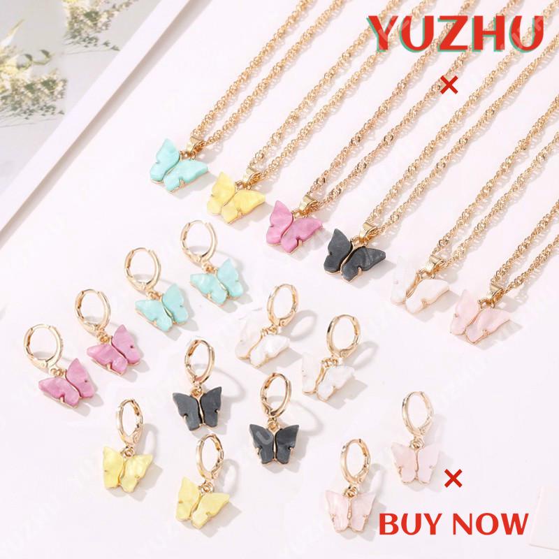 (YUZHU) Baru Datang COD Korean Gaya Kalung Kupu-kupu Kalung Rantai Wanita Aesthetic Butterfly Necklace Anting Kalung Rantai Warna Akrilik Rantai