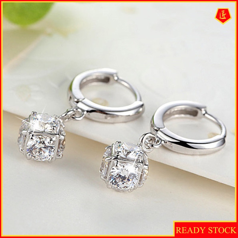 [Ready Stock]Simple Fashion Silver Six-Sided Gem Crystal Earrings