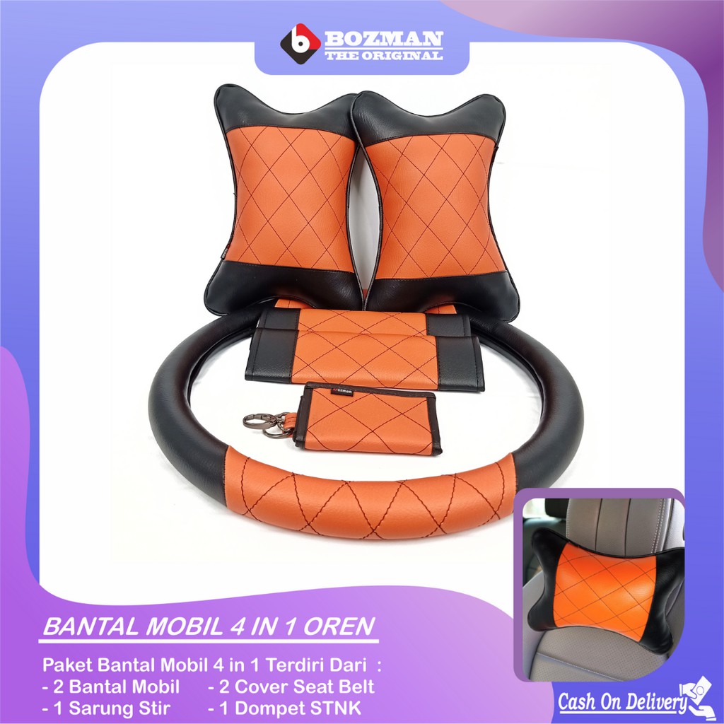 Set Bantal Mobil 4 in 1 Bantal Mobil Seatbelt Sarung Stir Dompet STNK Premium