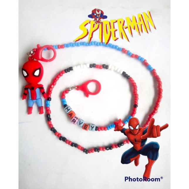 Kalung masker anak tema Spiderman (ada bandulnya/boneka)/ Strap masker anak bisa request nama/warna/motif