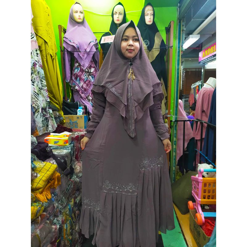 Gamis Syar'i Dk 043 Swarovski Full Polos Ceruty Babydoll Double PURING Busui Khimar Pet Antem  Set J