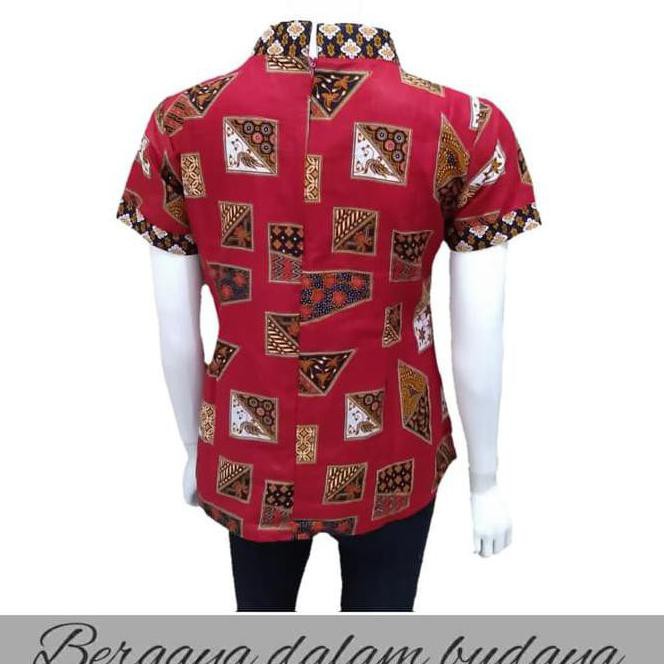 HOT Atasan Batik Wanita Modern Motif Wajik Warna Merah Berseleting - Merah, S