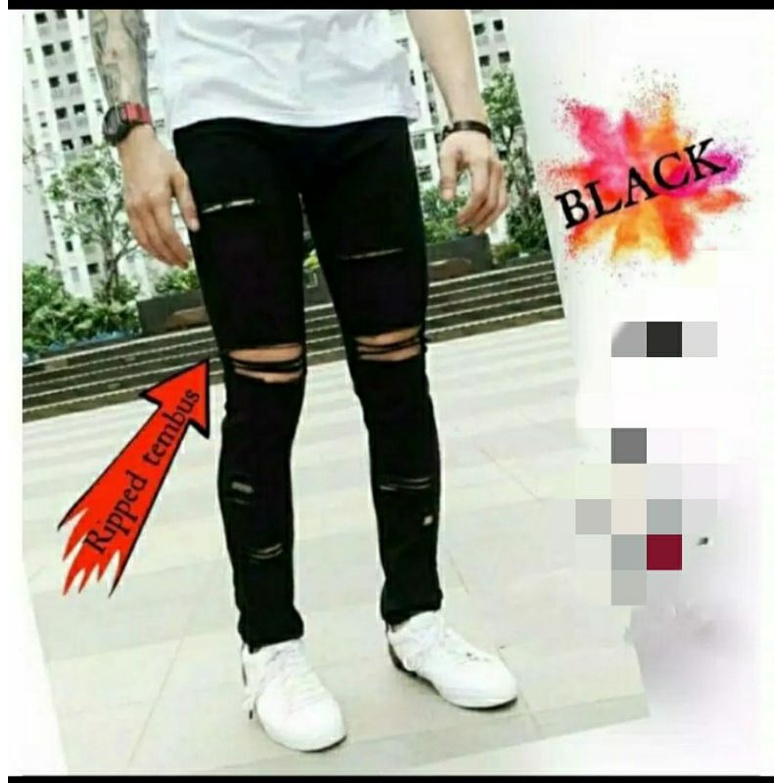 CELANA SOBEK PRIA RIPPED JEANS ROBEK SLIMFIT PENSIL SKINNY STRETCH DENIM HITAM PREMIUM 27-38