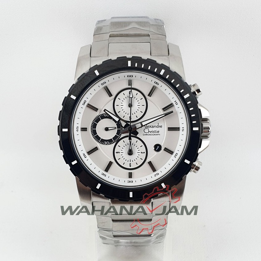 Alexandre Christie AC 6141 MCBTBSL / AC6141 MC BTBSL Jam Tangan Pria Rantai Steel Putih Silver Hitam