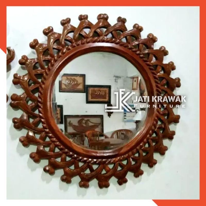 Figura Cermin Dinding Ukiran Toge Kayu Jati. Cermin Dekorasi Dinding