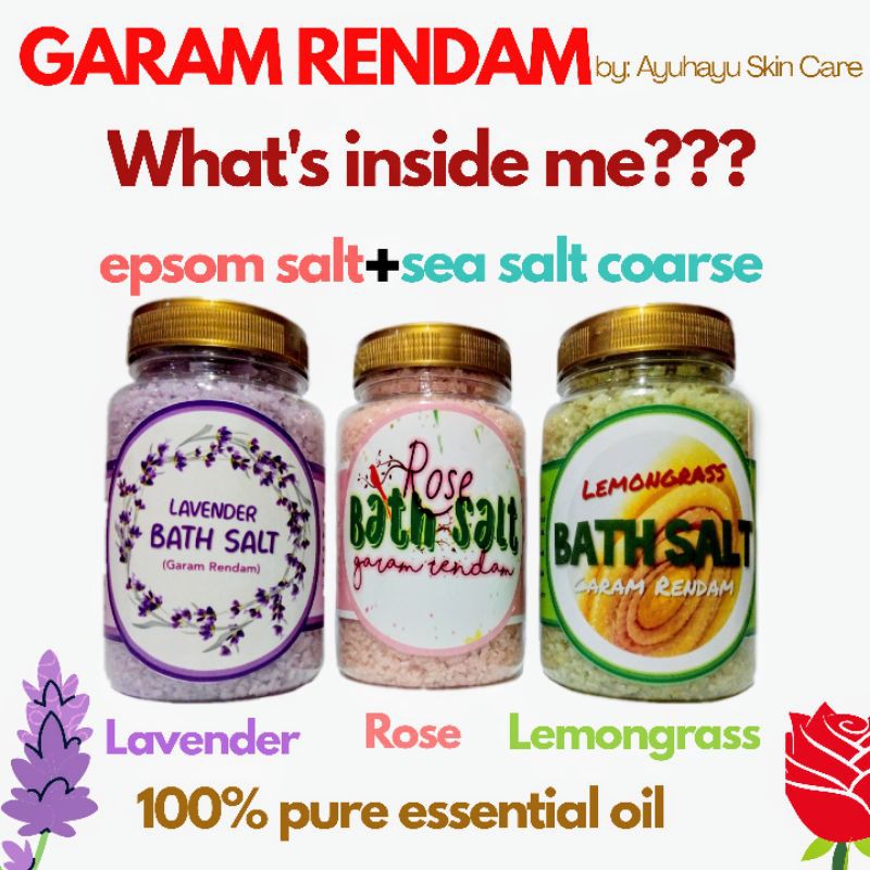 [300g] EPSOM BATH SALT GARAM MANDI RENDAM SOAK KAKI TUBUH FOOT SPA PURE ESSENTIAL OIL LAVENDER LEMONGRASS ROSE