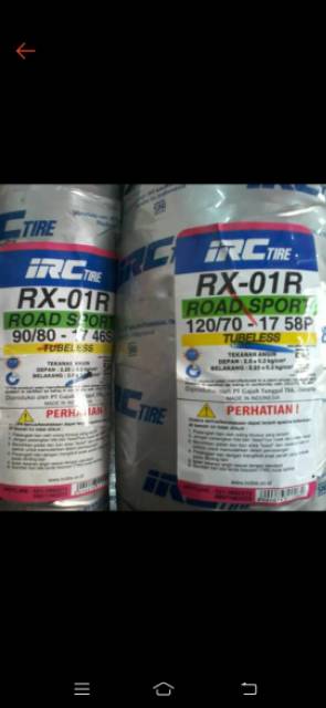 PAKET ban tubeless IRC RX-01 90/80-17 &amp; 120/70-17 for Vixion/CBR 150R StreetFire/Mega pro new/Byson