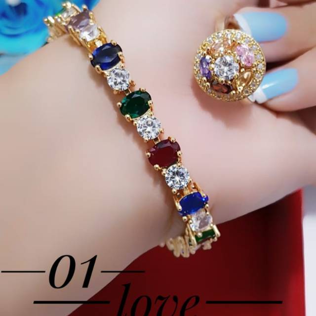 Xuping set perhiasan gelang batu warna lapis 24k 13