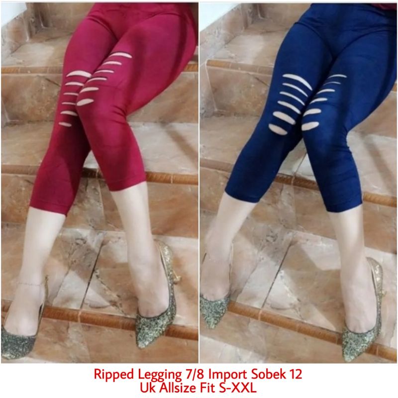 Celana Legging 7/8 Wanita Import Premium Motif Sobek Kekinian  / Legging Sobek Wanita