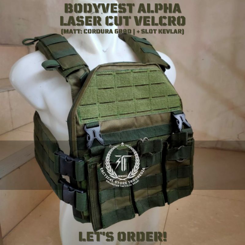 Body Vest Laser Cut Velcro - Green / Hijau - Bodyvest Rompi TNI Polisi Brimob Alpha Version - Rompi Anti Peluru