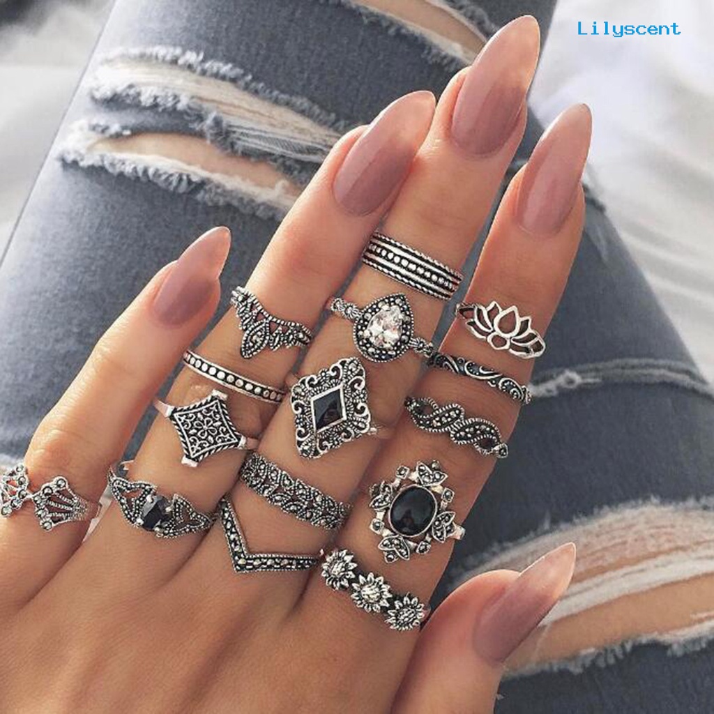 15 Pcs Cincin Berlian Imitasi Model Terbuka Gaya Bohemian Untuk Wanita