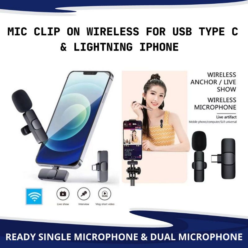 Mic Clip On Wireless 2.4Ghz Mic Vlog Youtuber Vlogger Recording Mic Clip USB TYPE C Android & LIGHTN