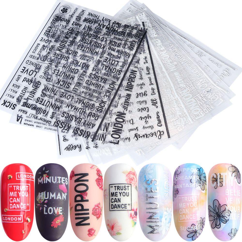 Mxbeauty Nail Art Decals Bronzing Dekorasi Nail Art Hologram Huruf Timbul Tulisan Nail Tips Hitam Putih Silver Geometris Glitter Stiker