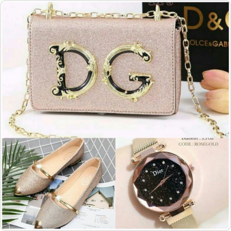 paket 3in1 tas jam dan sepatu wanita