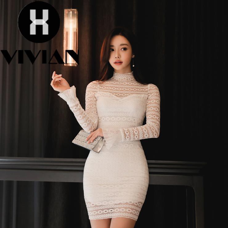 ?VIVIAN?Dress Lace Mini Slim Kerah Tinggi Gaya Korea Musim Gugur untuk Wanita