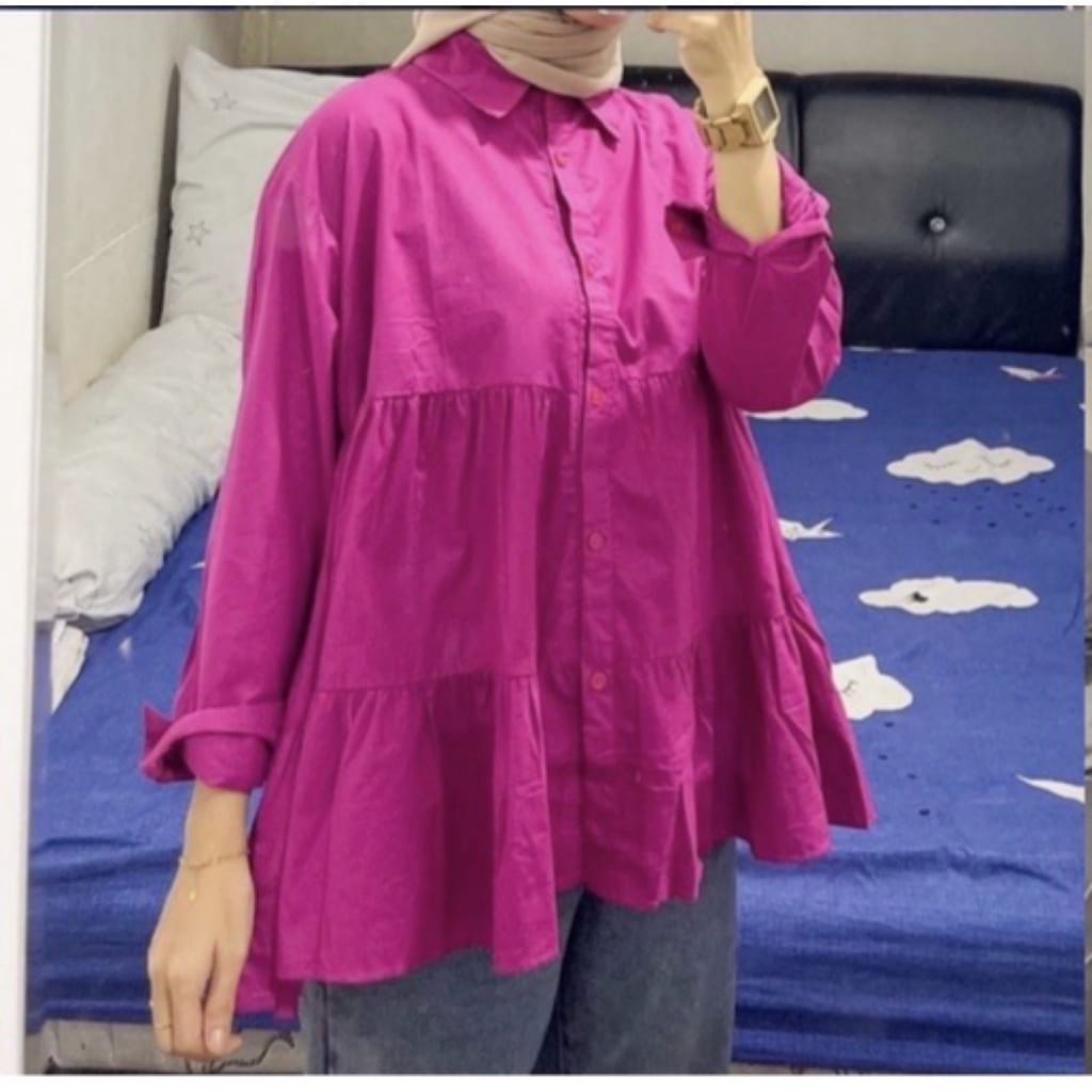 Dita Top Blouse Kemeja Wanita Kekinian Kemeja Ruffle Full Kancing Aktif