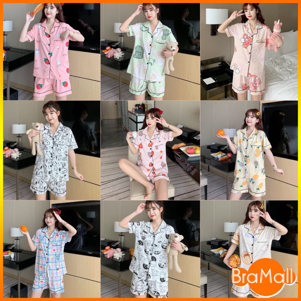 【 Bra Mall 】BM-319 Set Baju Tidur Wanita Dewasa Celana Pendek Piyama Model Kemeja HP Import Korea Motif Kekinian