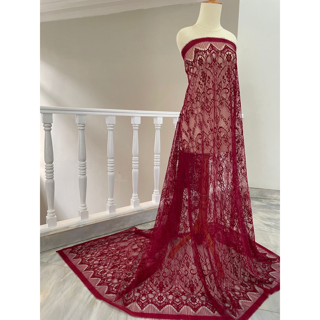 Kain Kebaya Brokat Brukat Panel Chantily Katun Semi France Prancis Warna Merah Maroon