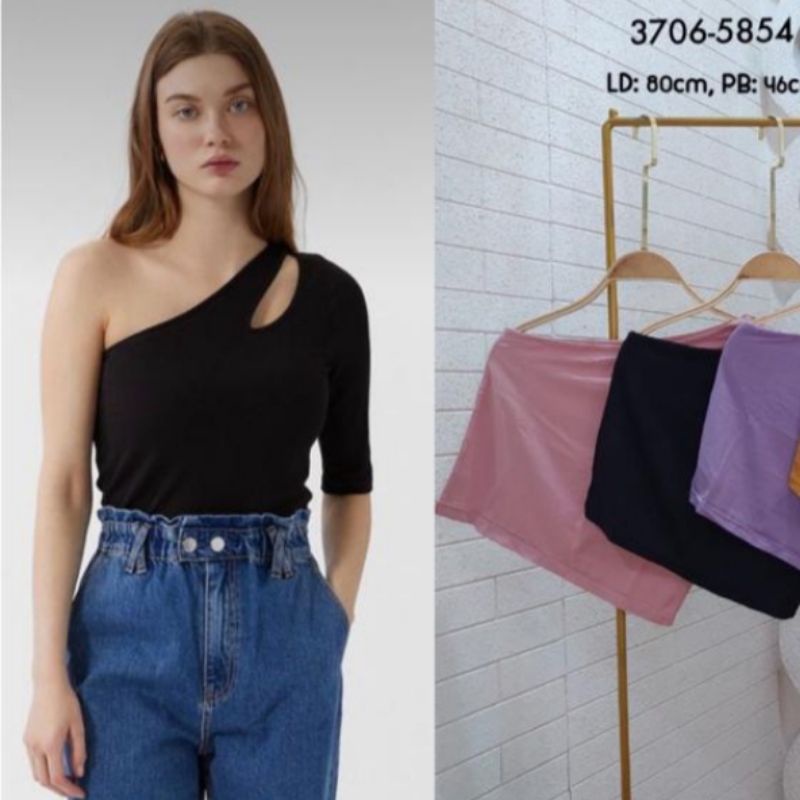 One Shoulder Crop Top Wanita Kaos Atasan Tarzan