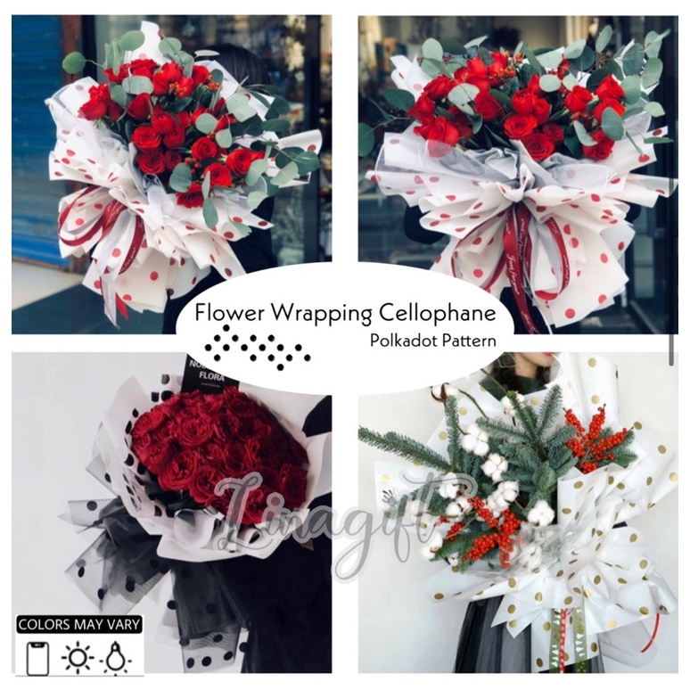 ( 5 Lembar ) POLKADOT PATTERN - CELLOPHANE FLOWER WRAPPING PAPER KOREAN PLASTIC CELLOPHANE ABSTRACT WATERPROOF KERTAS BUNGA FLORIST